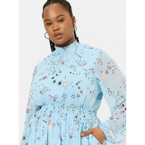 Torrid 3 Clipdot Blouson Sleeve Mock Nexk Skater Dress Cosmic Stars Summer 3X - Picture 14 of 16